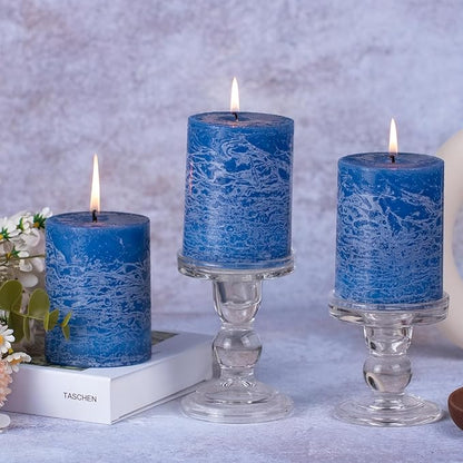 KONNI Blue Pillar Candles Set of 3, 3"x 4" Unscented Pillar Candles Bulk, 39 Hours Long Burning