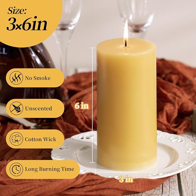 KONNI Mustard Yellow Pillar Candles Set of 3, 3"x 6" Unscented Pillar Candles Bulk, 56 Hours Long