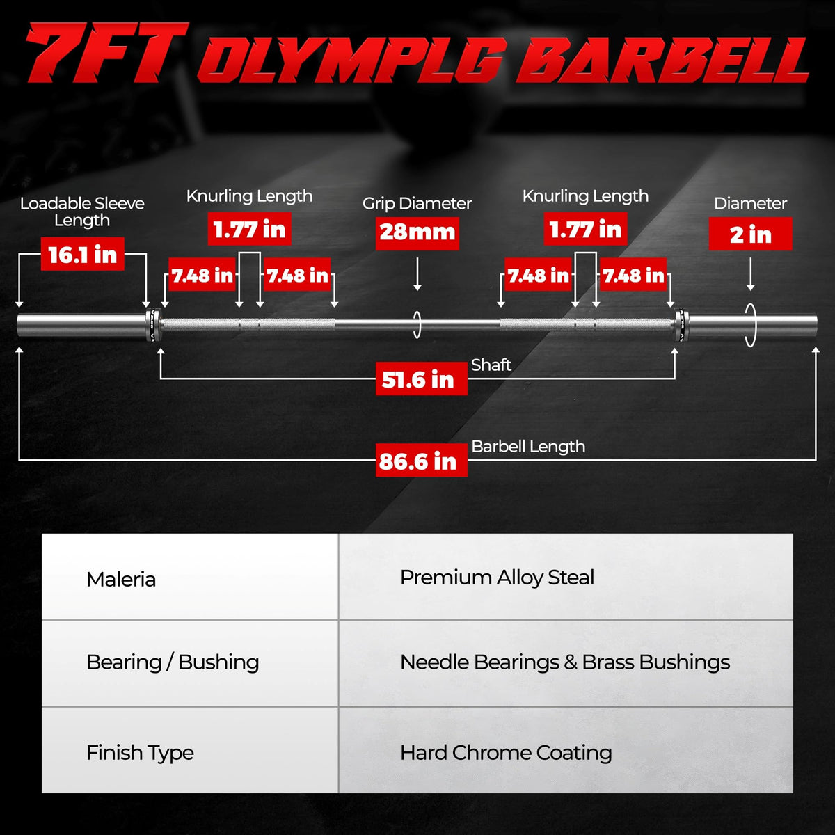 JELENS 7FT Bar Olympic Barbell, 1000lb Capacity Weight Bar for Strength Training, 2 Inch Strength