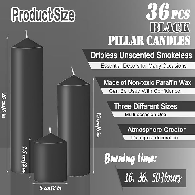 36 Pcs Black Pillar Candles Bulk Set，Hurricane Candlesï¼? Different Lengths (6 Each)，Dripless