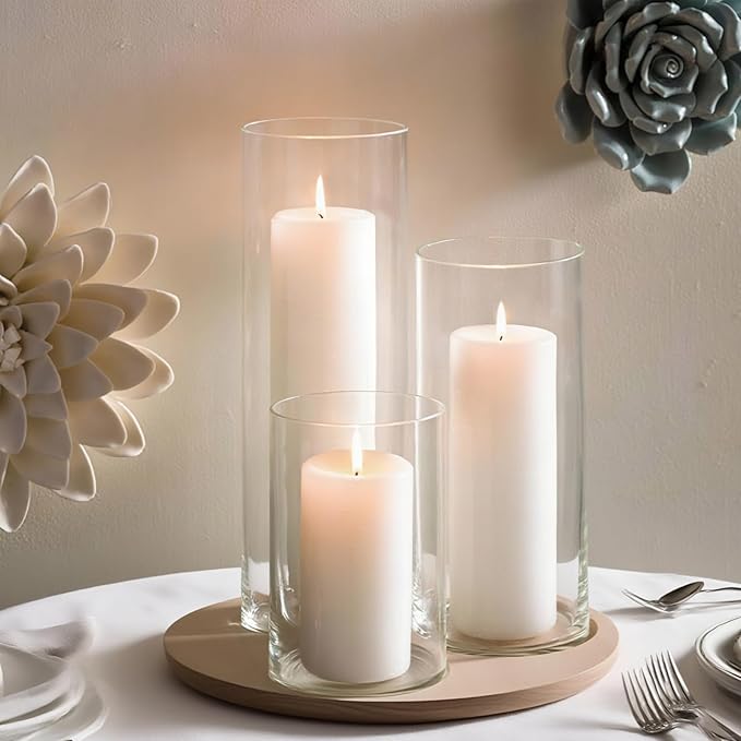 24 Pcs White Pillar Candles with Glass Candle Holder Hurricane Glass Candle Holders Clear Cylinder