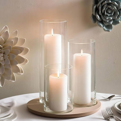 24 Pcs White Pillar Candles with Glass Candle Holder Hurricane Glass Candle Holders Clear Cylinder
