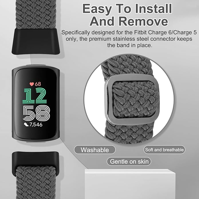 Braided Band Compatible with Fitbit Charge 6/Fitbit Charge 5, Soft Nylon Solo Loop Adjustable