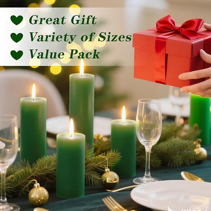 18 Pcs Green Pillar Candles Bulk Set，Hurricane Candlesï¼? Different Lengths (6 Each)，Dripless