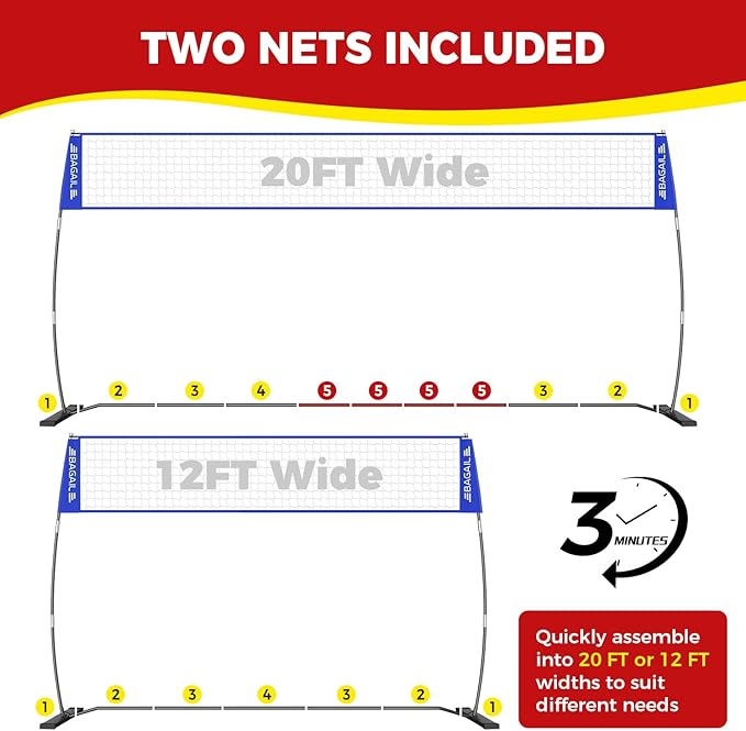 BAGAIL Volleyball Net, 12ft/20ft Portable Volleyball Net for Backyard - Adjustable Height