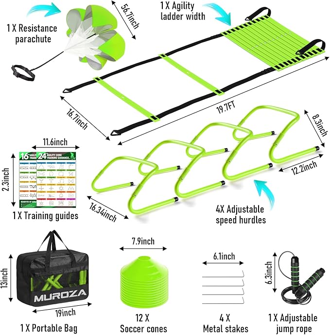 Agility Ladder, Speed Training Equipment Set, 20ft Agility Ladder, 12 Soccer Cones, 4 Hurdles, Jump