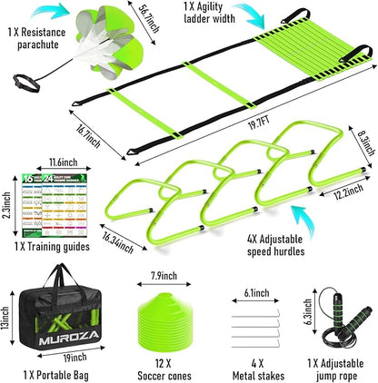 Agility Ladder, Speed Training Equipment Set, 20ft Agility Ladder, 12 Soccer Cones, 4 Hurdles, Jump
