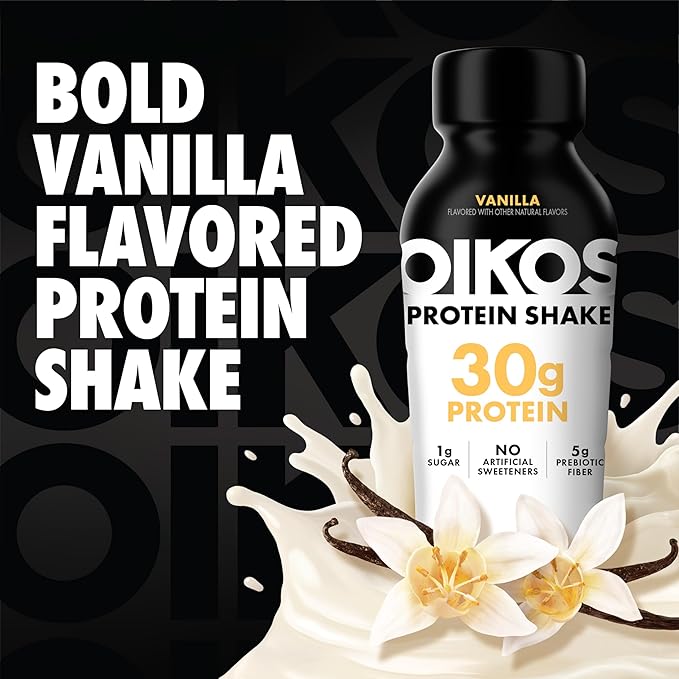 Oikos Protein Shake, Vanilla, 30g High Protein Drinks, Shelf Stable, Ready to Drink, 5g Prebiotic