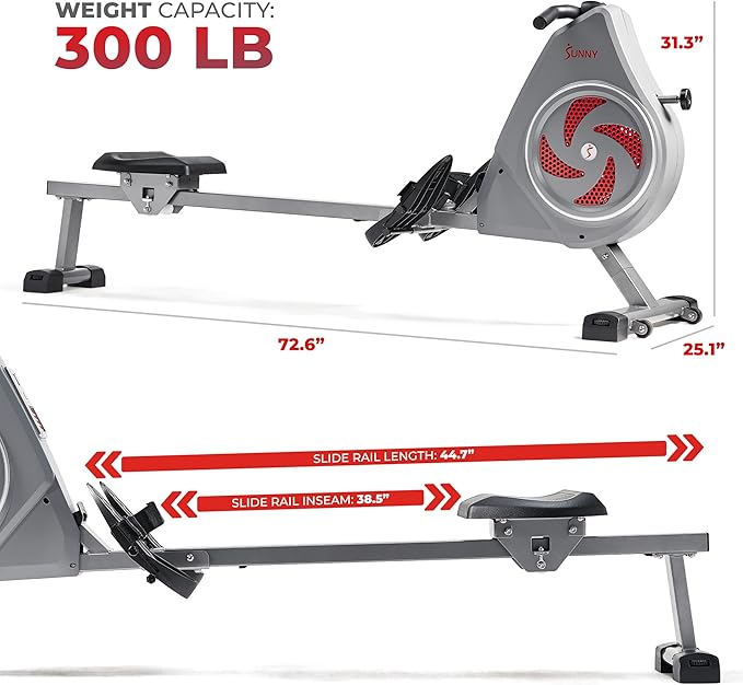 Sunny Health & Fitness Rower w/Long Slide Rail, Cardio Rowing Equipment for Home Gym Training w/LCD