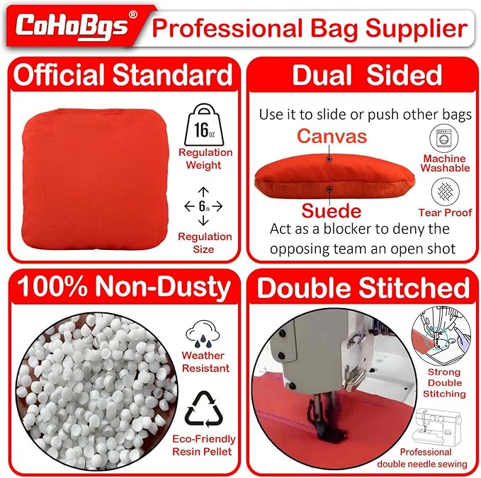 CoHoBgs Corn Hole Bags Set 8, Professional Cornhole Bags Dual-Sided Slick & Stick Resin Filled