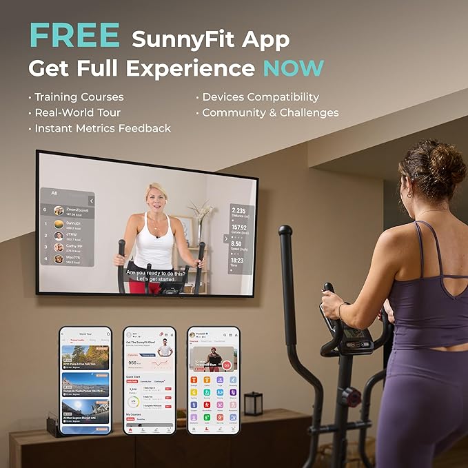Sunny Health & Fitness Smart Upright Elliptical w/Pulse Sensor Built-in, Indoor Full-Body
