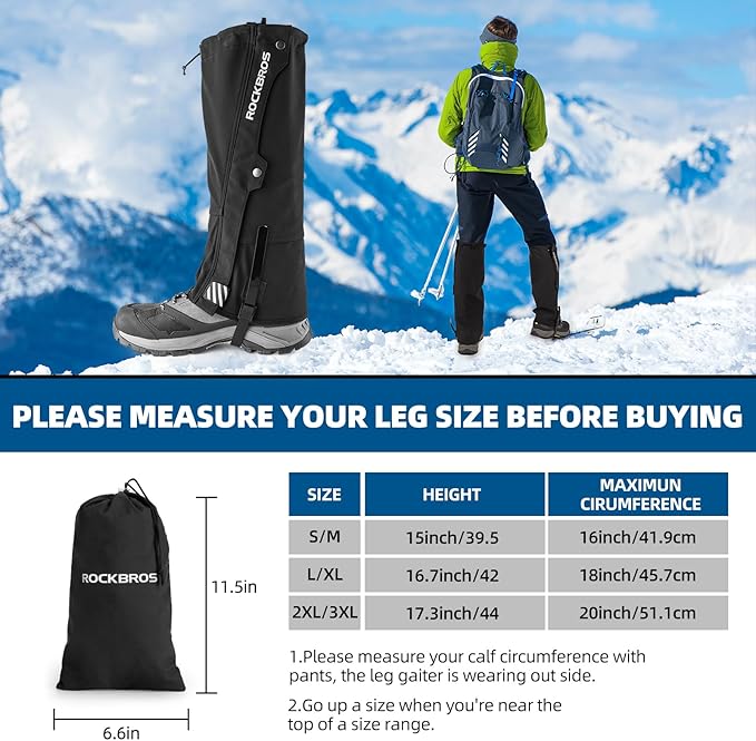 ROCKBROS Snow Boot Leg Gaiters for Hiking Waterproof Leg Gaiter for Skiing Walking Snow Boot