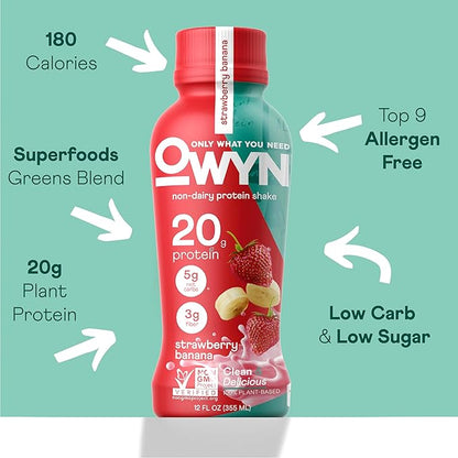 OWYN Only What You Need Vegan Protein Shake, Strawberry Banana,12 Fl Oz (Pack of 12), 100-Percent