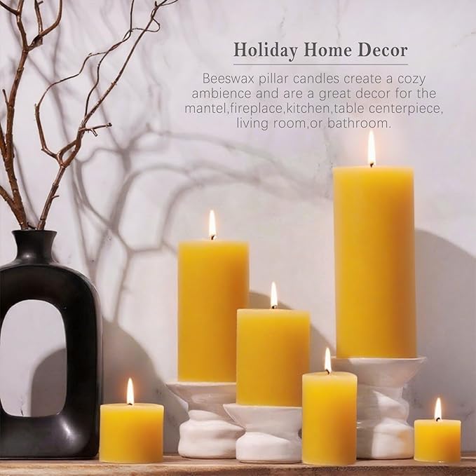Natural Beeswax Candles Set of 6, Handmade Beeswax Pillar Candles Set, 6 Sizes, 100% Pure Unscented
