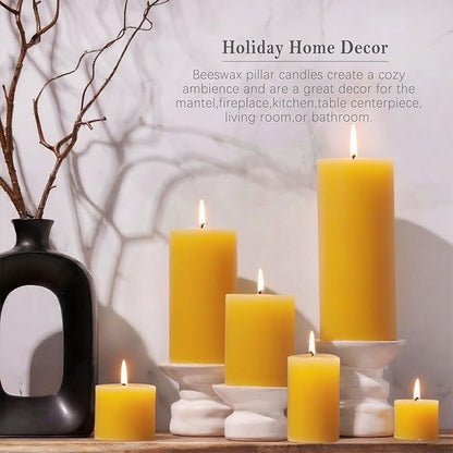 Natural Beeswax Candles Set of 6, Handmade Beeswax Pillar Candles Set, 6 Sizes, 100% Pure Unscented
