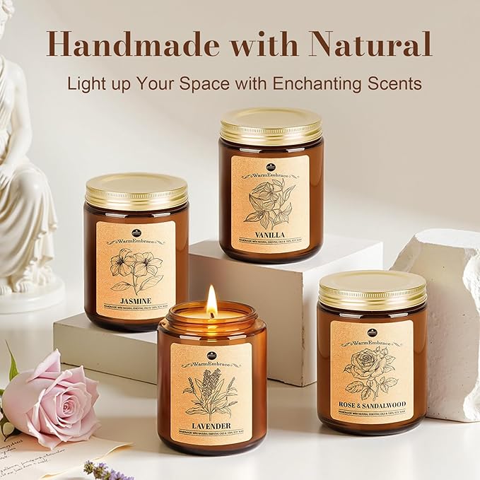 WarmEmbrace Lavender Candles, 4-Pack Scented Candle Set for Women, 7.6 oz Natural Organic Soy Wax