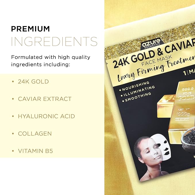 Azure Cosmetics 24K Gold and Caviar Anti Aging Luxury Face Mask - Hydrating & Firming Facial Mask