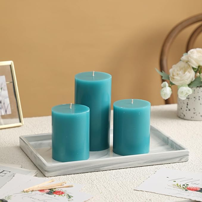 3x6 Inch Blue Pillar Candles Set of 3 - Unscented Pillar Candles, Long Burning Dripless Candles for