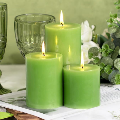 KONNI Green Pillar Candles Set of 3, 3"x 6" Unscented Pillar Candles Bulk, 56 Hours Long Burning