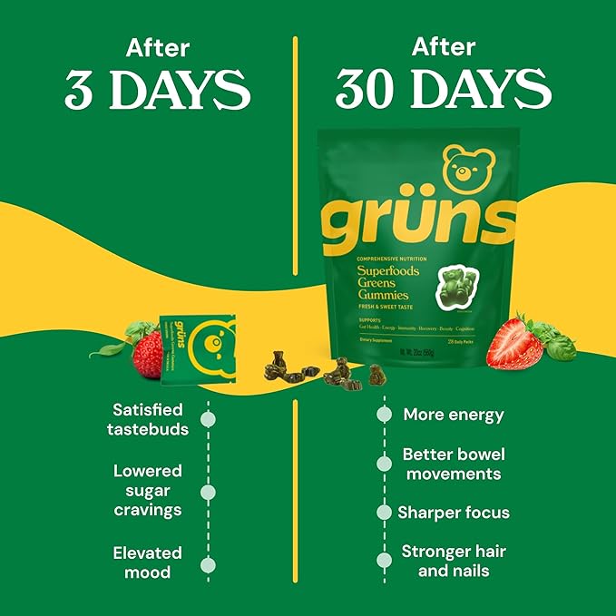 Gruns Adults Super Greens Gummies, Multivitamin Superfood Gummy Bears with Spirulina, Chlorella