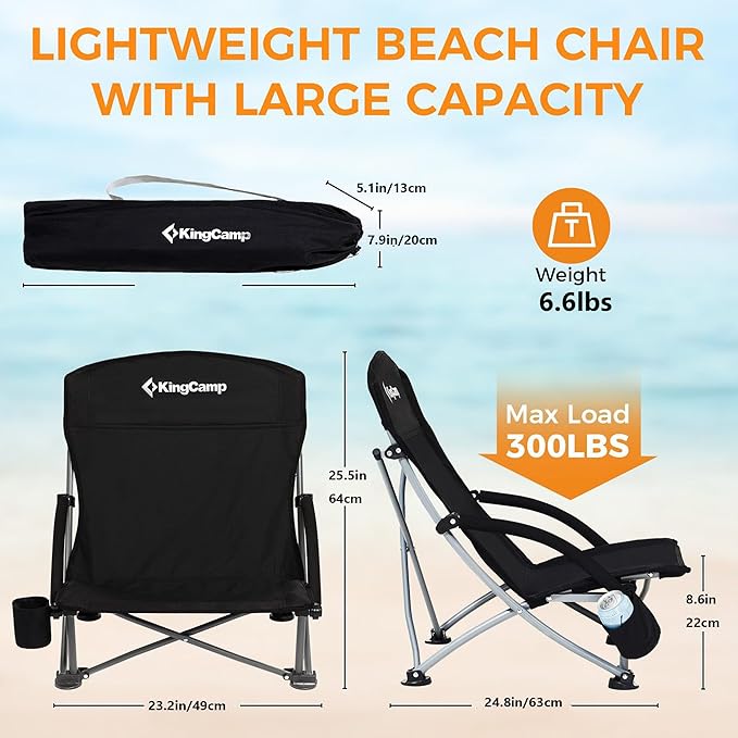 KingCamp Low Beach Chairs, Portable Folding Chair for Adults Extra Wide Ergonomic High Back Seat