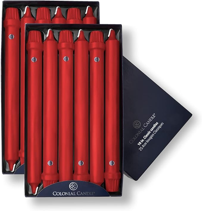 Colonial Candle Unscented Taper Candle, Classic Collection, Red, 10 in, Pack of 12 - Up to 8 Hours
