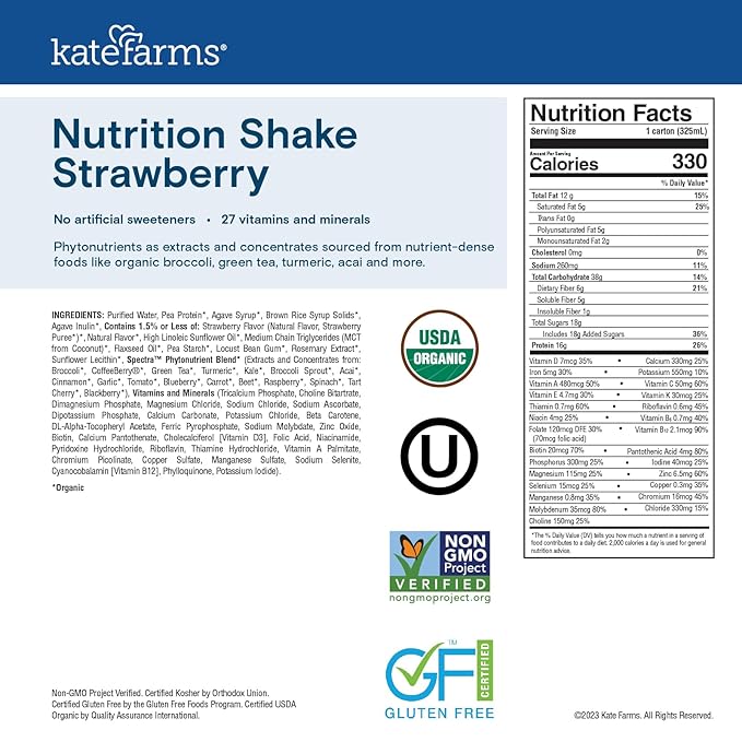 KATE FARMS Organic Nutrition Shake, Strawberry, 16g of Protein, 27 Vitamins and Minerals, Meal