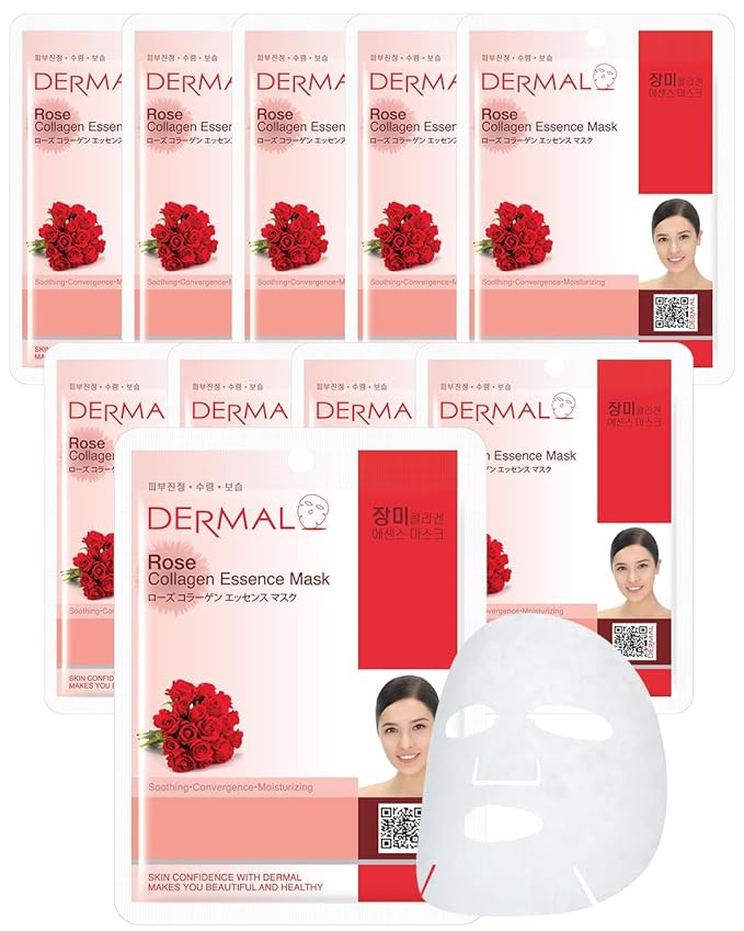 DERMAL Rose Collagen Essence Korean Facial Mask Sheet Pack of 10 - Reviving Tired Skin, Soothing &