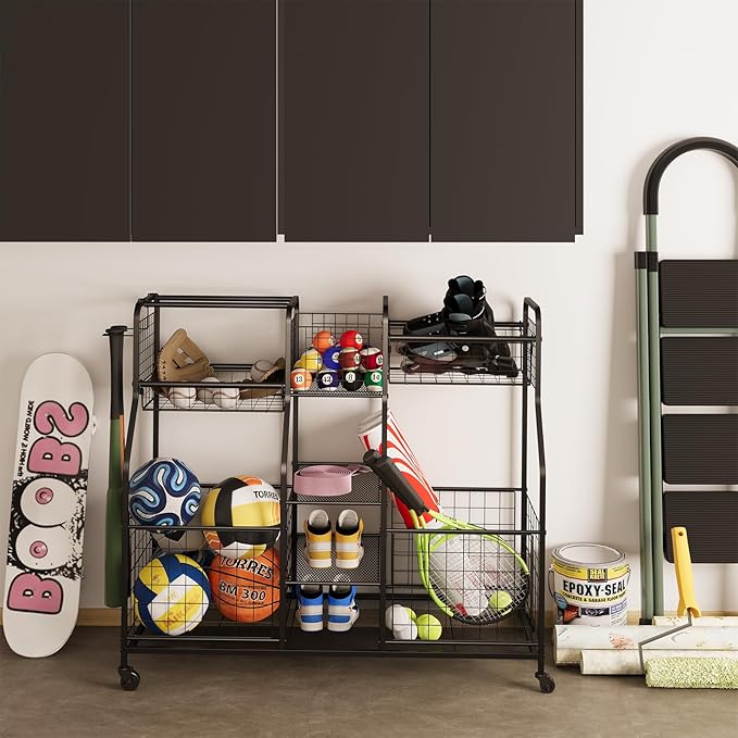 Garage Sports Equipment Organizer - Ball Storage Rack with Elastic Rope or Wire Mesh,Garage