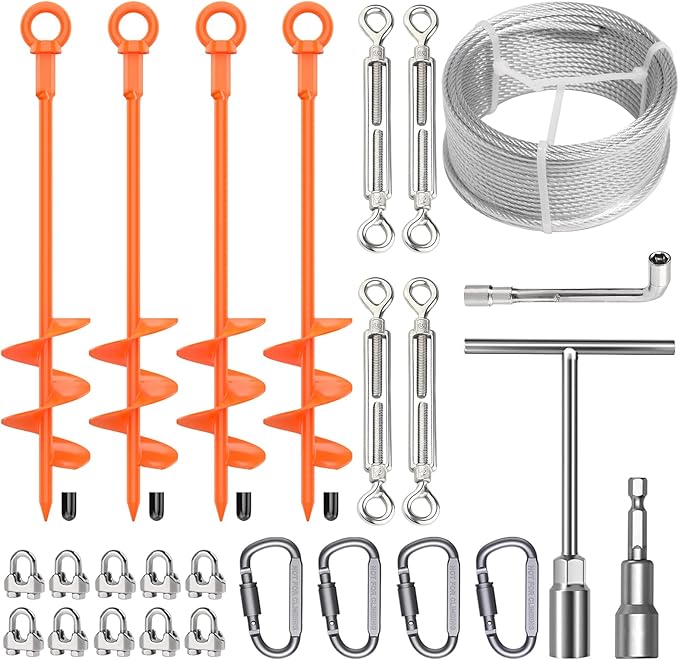 4 Pcs 18" Fully Welded Ground Anchors Shed Anchors Kit with 1/8" Galvanized Cable & Turnbuckles &