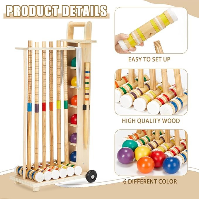 Hiboom 6 Player Croquet Set for Adults & Kids with Wooden Stand, Rubber Wooden Mallets, Colored