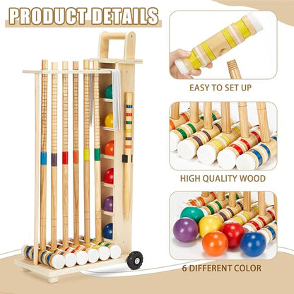 Hiboom 6 Player Croquet Set for Adults & Kids with Wooden Stand, Rubber Wooden Mallets, Colored