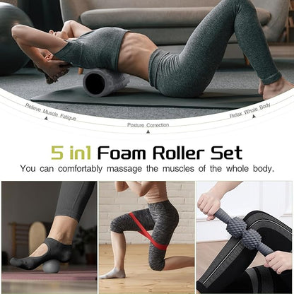 5-in-1 Foam Roller Set, Massage Roller Stick, Massage Ball, Resistance Band for Deep Muscle