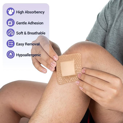 Silicone Foam Dressing 3" x 3" with Border, High Absorbency Wound Bandage, Gentle Adhesion, Soft