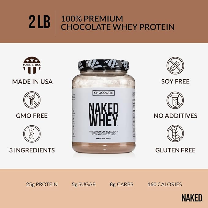 NAKED Whey Chocolate Protein Powder - Only 3 Ingredients - Grass Fed Whey Protein Powder, Organic