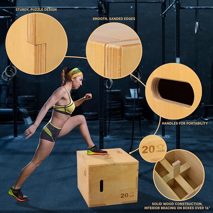 Yes4All Plyo Box, 3-in-1 Wooden Box Jumps for Home Gym (12/14/16?¯in), 450 lbs Boxes Step Up with
