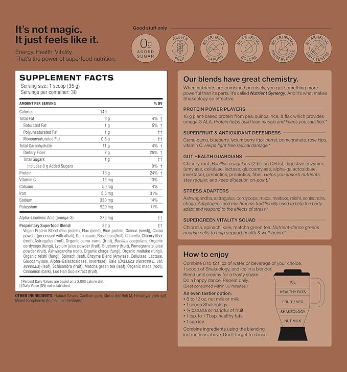 Shakeology 0g Added Sugar Plant Based Protein Powder Blend, Gluten-Free Shake with Vitamins and