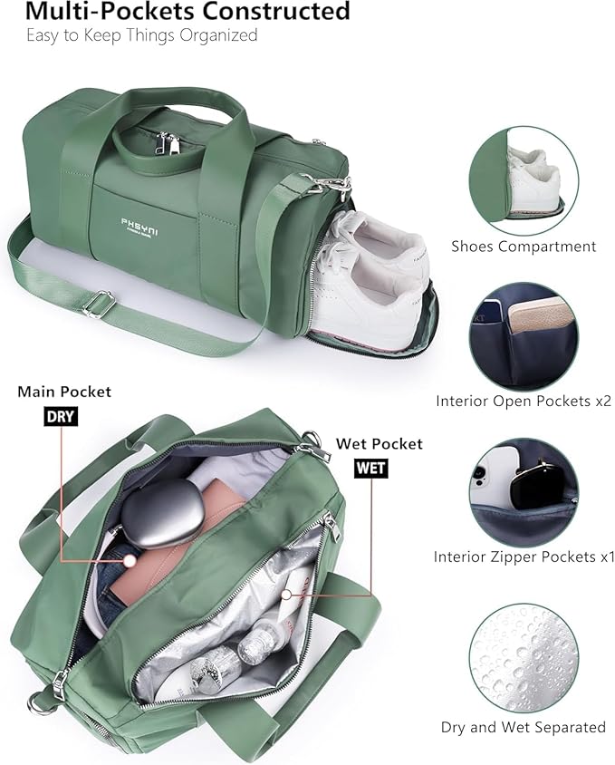 Compact Sports Gym Bag for Women, Cute Mini Duffle Bag with Wet Pocket & Shoes Compartment