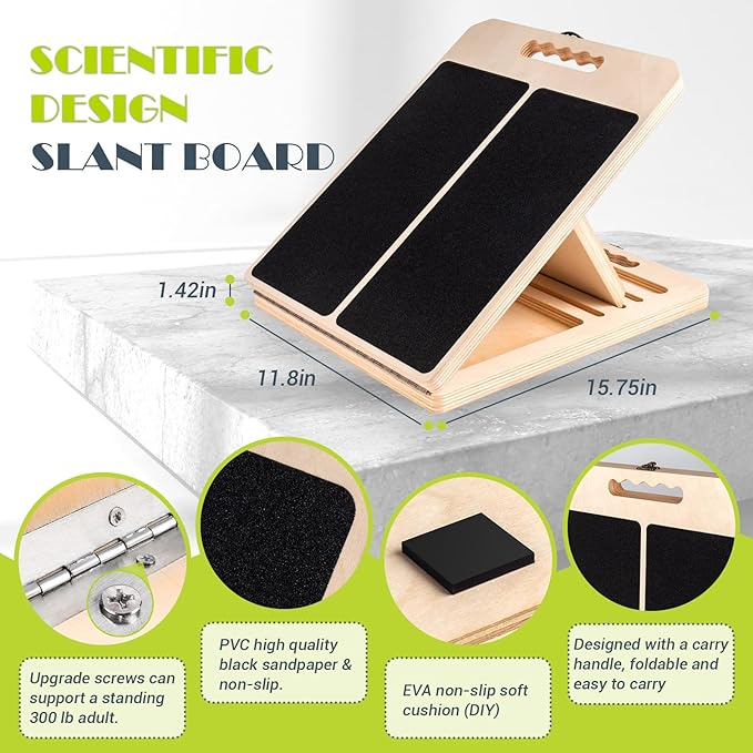 Slant Board for Calf Stretching, Adjustable Portable Wooden Incline Board for Calf Stretcher with