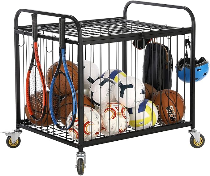 MyGift Large Capacity Metal Rolling Multi Sports Ball Cage Storage Hopper, Gym Equipment Basket