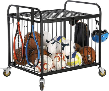 MyGift Large Capacity Metal Rolling Multi Sports Ball Cage Storage Hopper, Gym Equipment Basket