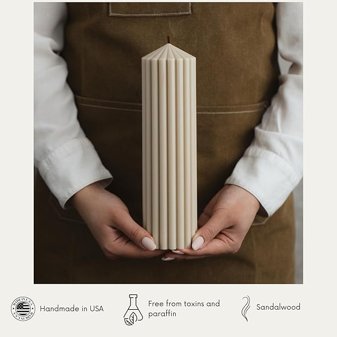 LAWA Ribbed Peak Pillar Candle - Large Beautiful Handmade Pillar Scented Soy Wax Candle Elegant