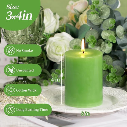 KONNI Green Pillar Candles Set of 3, 3"x 4" Unscented Pillar Candles Bulk, 39 Hours Long Burning