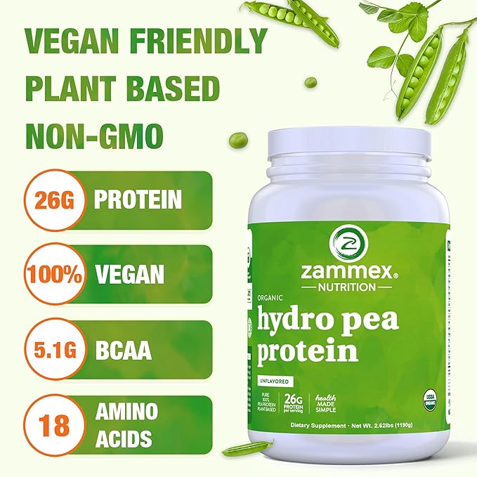 Zammex Organic Pea Protein Powder, 26g Proteins Per Serving,Plant Based 100% Vegan Canada Pea