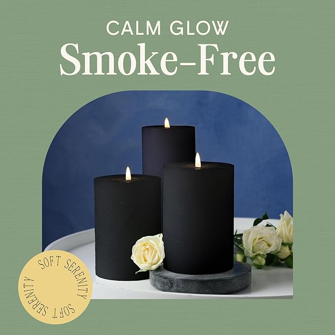 Mister Candle Dripless Unscented Pillar Candles, Set of 3 Hand Poured Black Pillar Candles, Solid