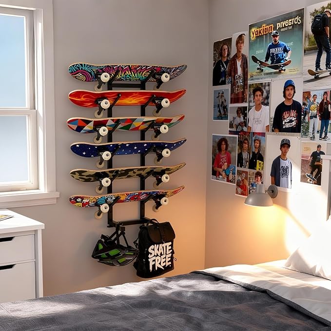 BiJun Skateboard Racks Floor Stand, 6-Layer Skateboard Wall Mount,Snowboard Storage Rack