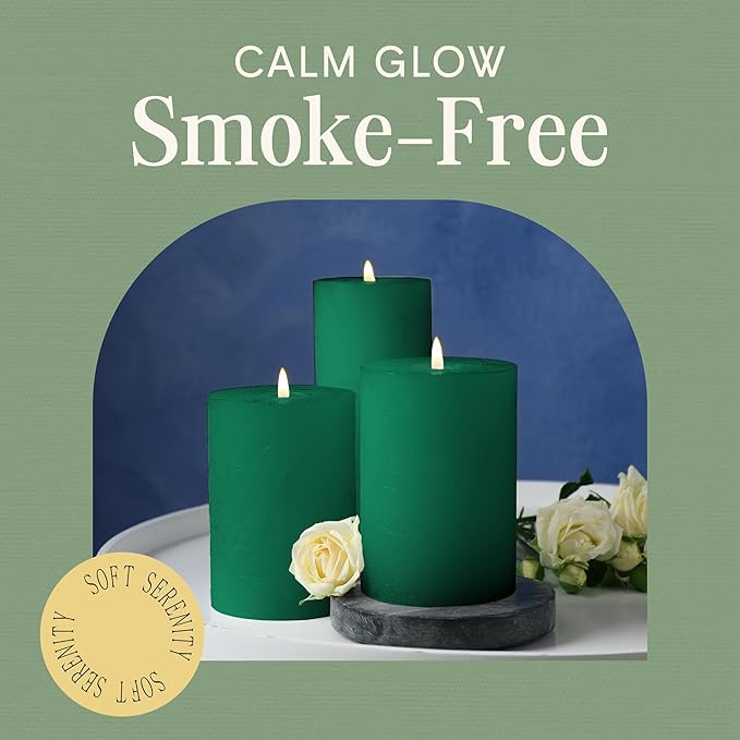 Mister Candle Dripless Unscented Pillar Candles, Set of 3 Hand Poured Hunter Green Pillar Candles