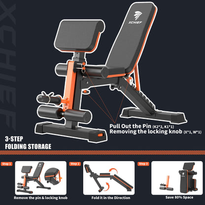 XCHIEF Adjustable Weight Bench with Leg Extension and Preacher Pad, 1000LBS