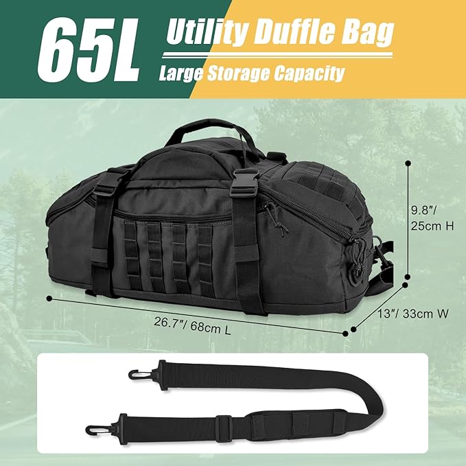 65L Large Travel Duffle Bag Military Tactical Backpack, Army Assault Pack 3 Day Bug Out Bag
