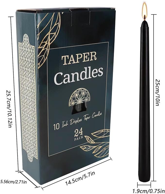 24 Pack Black Taper Candles, 7-8 Hours Burn Time, Unscented, Smokeless and Dripless, 0.75 x 10 Inch